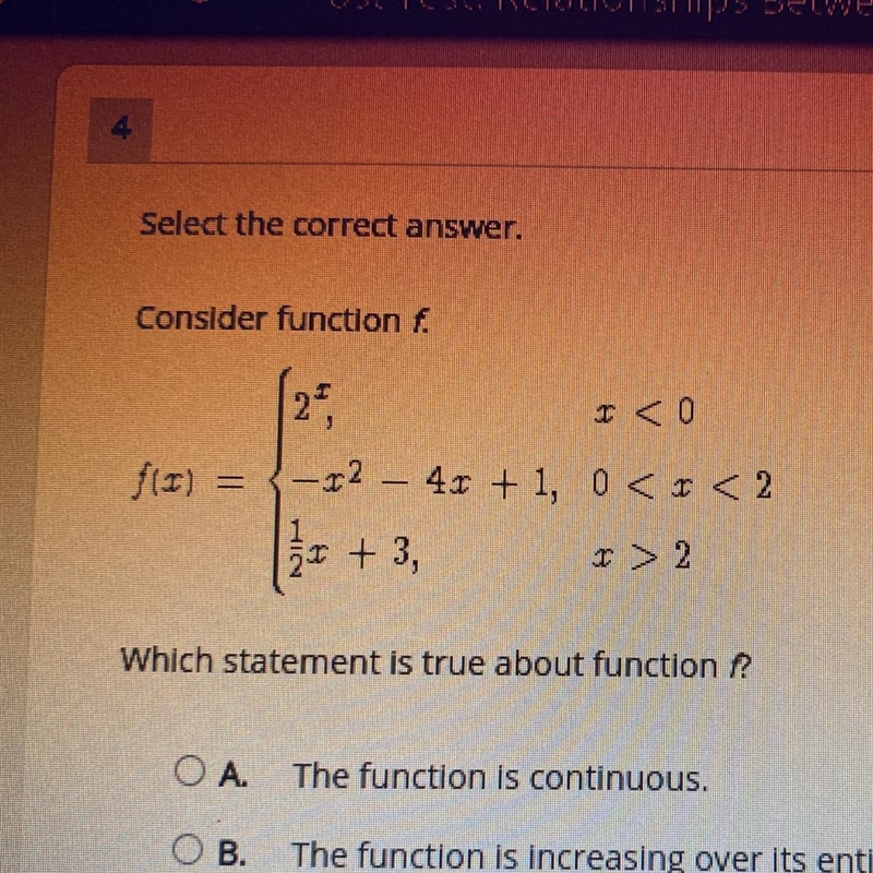 Which statement is true about function f? NEED THE HELP ASAP! ОА. The function is-example-1