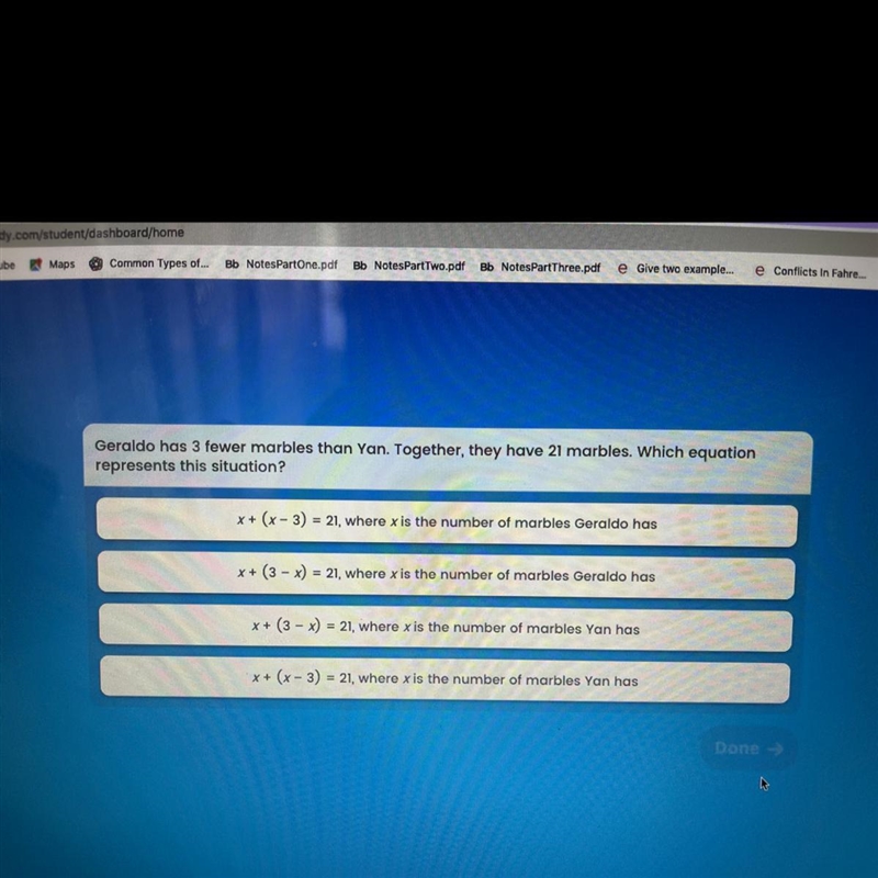 Gerald has three fewer marbles than Jan together they have 21 marbles which equation-example-1