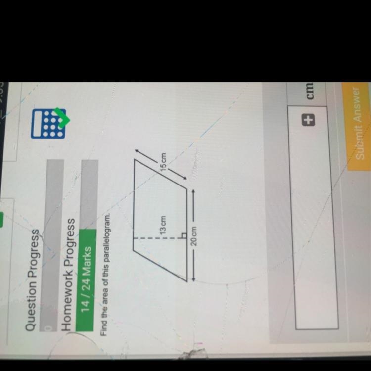 Find the area of this parallelogram. 13 cm 15cm h 20cm-example-1