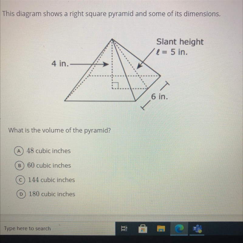 This diagram shows a right square pyramid and some of its dimensions. What is the-example-1