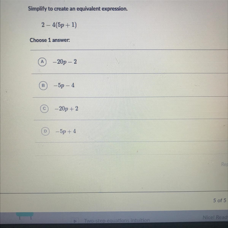 Simplify to create an equivalent expression. 2 – 4(5p + 1)-example-1