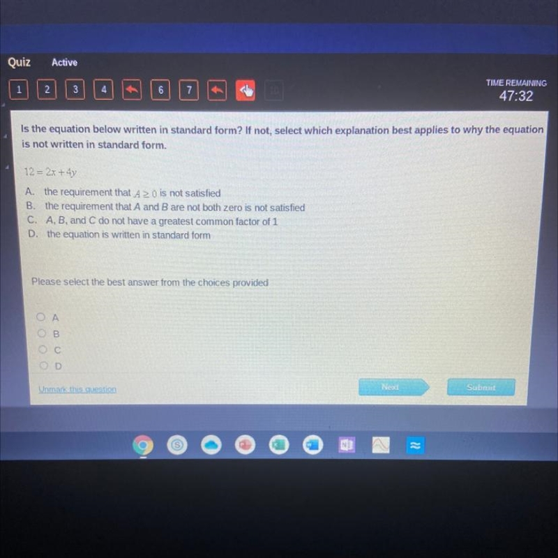 Is the equation below written in standard form? If not, select which explanation best-example-1