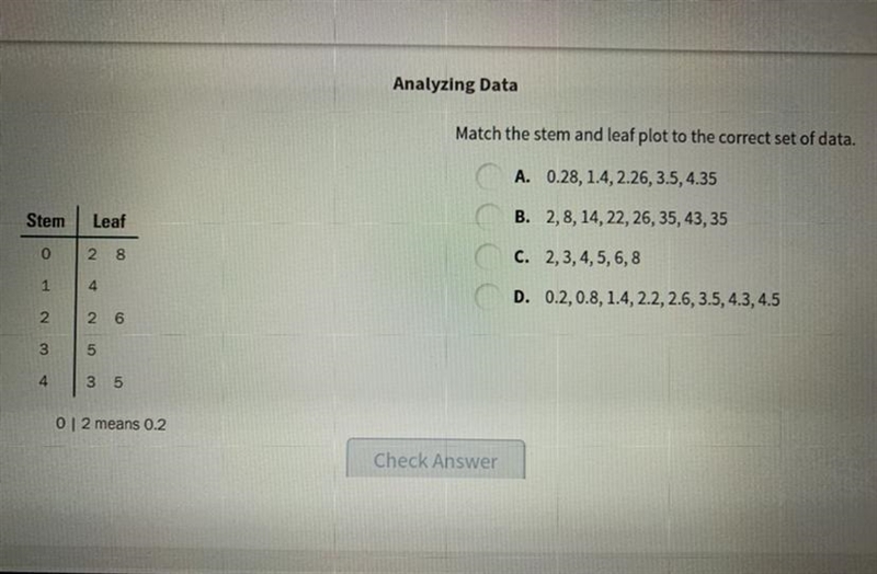 Match the stem and leaf plot to the correct set of data.-example-1