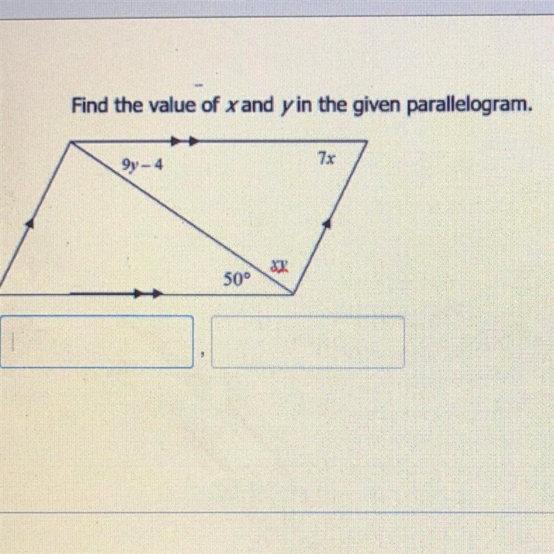 Find the value of x and y in the given parallelogram-example-1