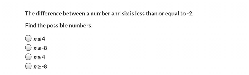 The difference between a number and six is less than or equal to -2. Find the possible-example-1