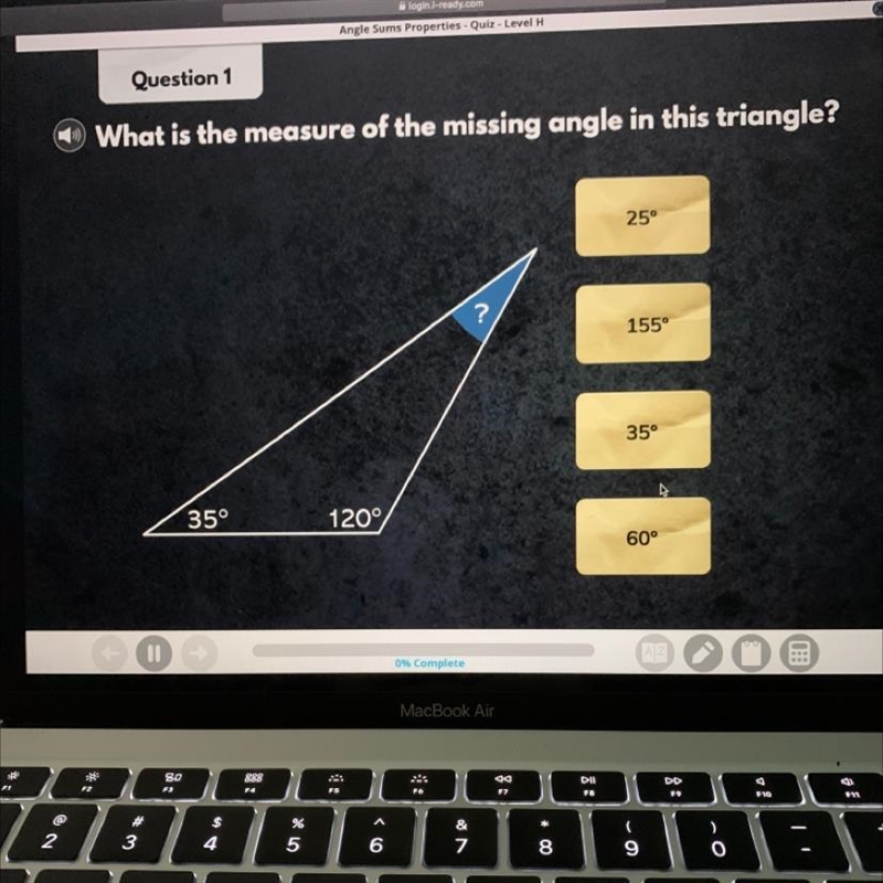 What is the measure of the missing angle in this triangle? 25° 155 35° 60°-example-1