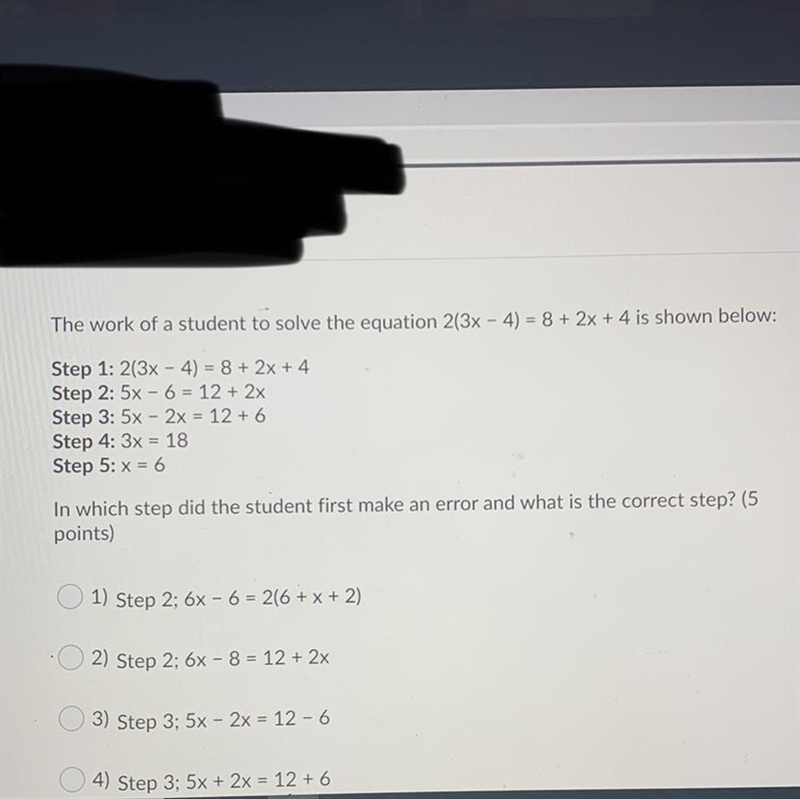 URGENT HELP PLEASE The work of a student to solve the equation 2(3x - 4) = 8 + 2x-example-1