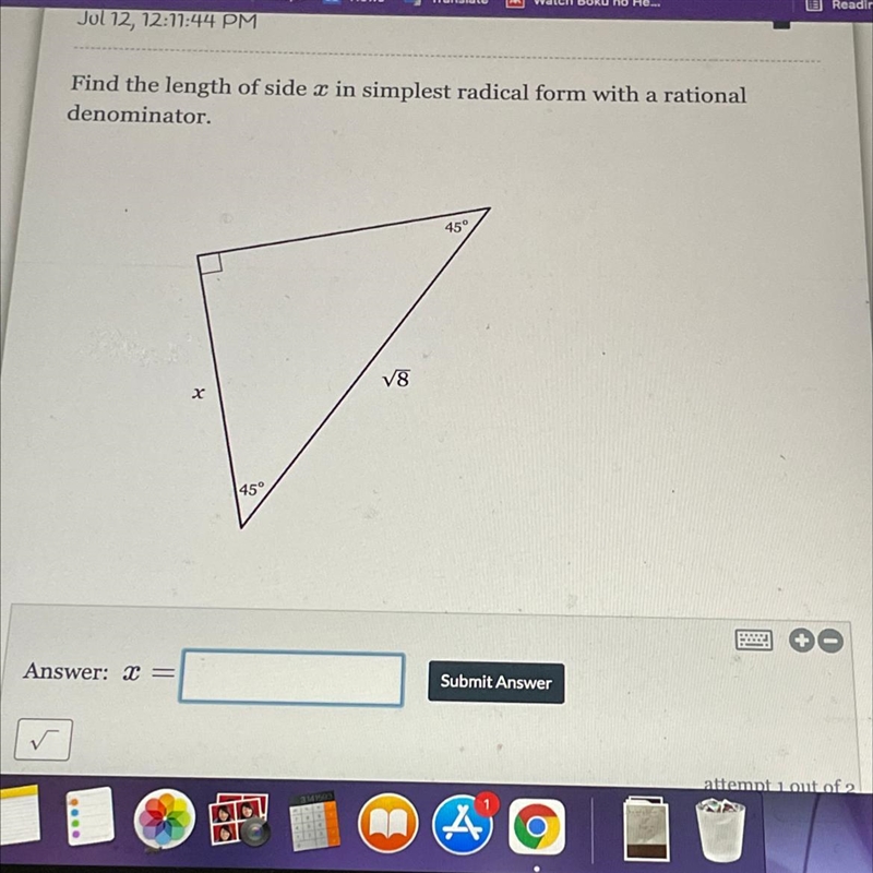 Find the length of side x in simplest radical form with a rational denominator-example-1