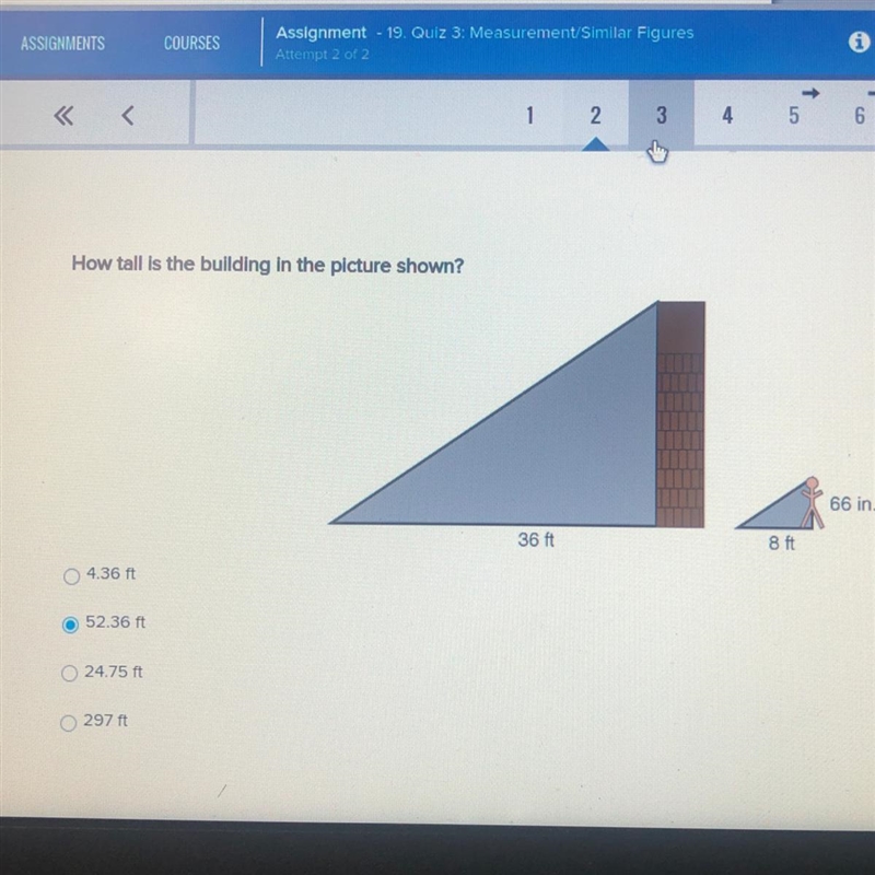How tall is the bullding in the picture shown? 66 in. 36 ft 8 ft 4.36 ft 52.36 ft-example-1