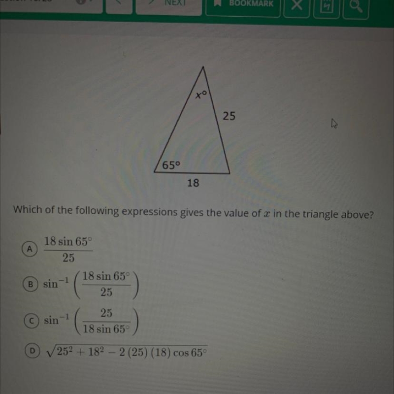 Which of the following expressions gives the value of x in the triangle above-example-1