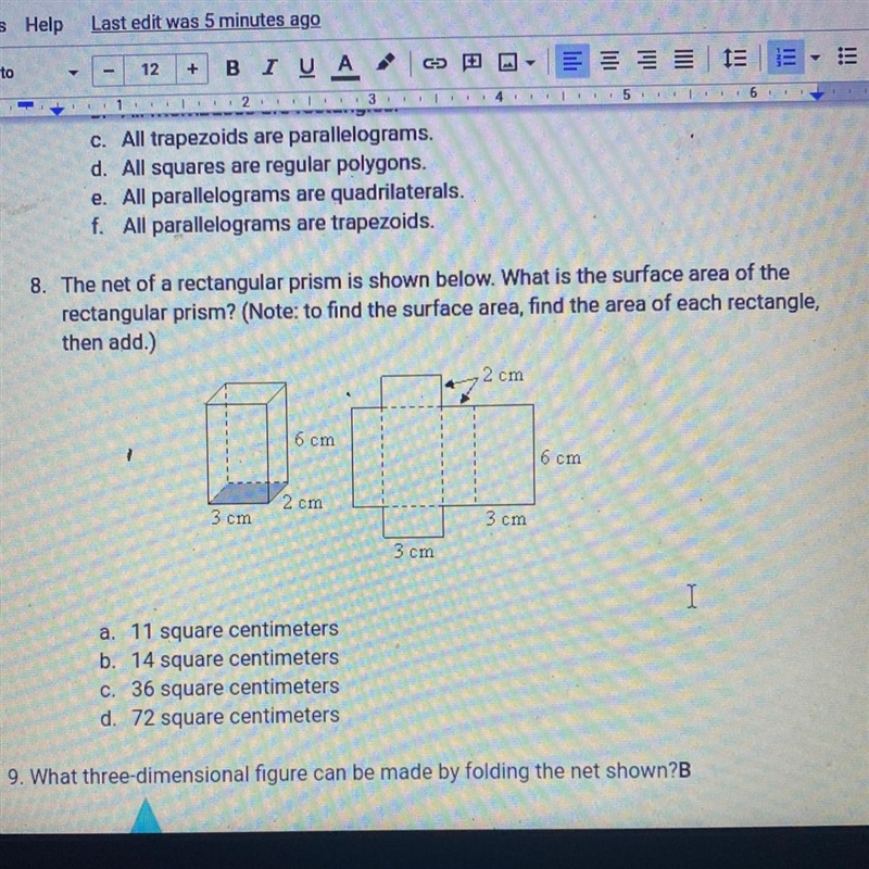 8. The net of a rectangular prism is shown below. What is the surface area of the-example-1