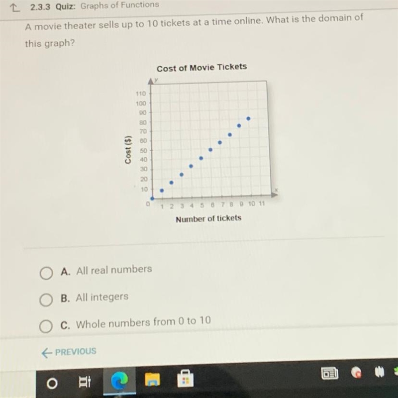 A movie theater sells up 10 tickets at a time online. What is the domain of this graph-example-1