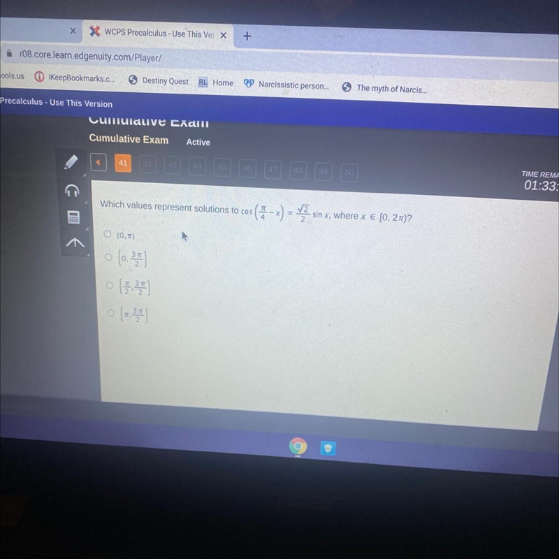 Which values represent solutions to cos $(# - x) = sin x, where x € (0,21)? (0.7) 0 (0.3-example-1