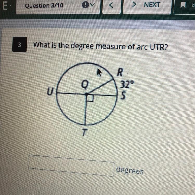 What is the degree measure of arc UTR-example-1