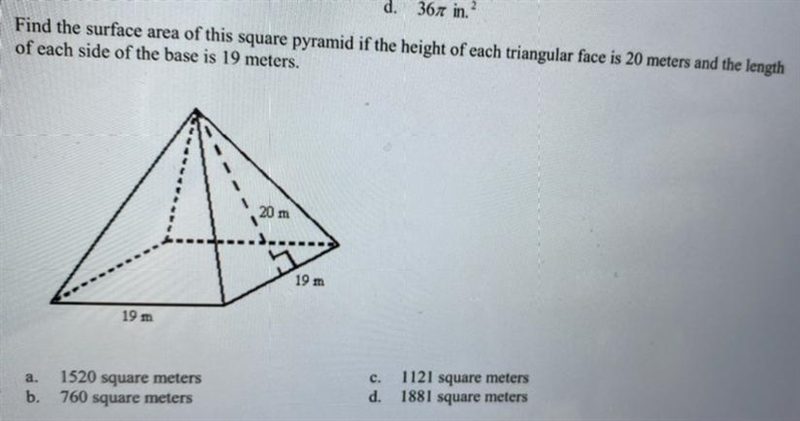 Geometry/// find the surface area of the square pyramid if the height of each triangular-example-1