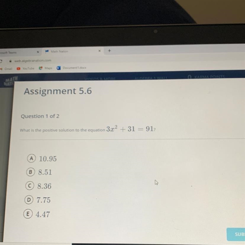 What is the positive solution to the equation 3x2 + 31 = 912 A 10.95 B 8.51 8.36 D-example-1