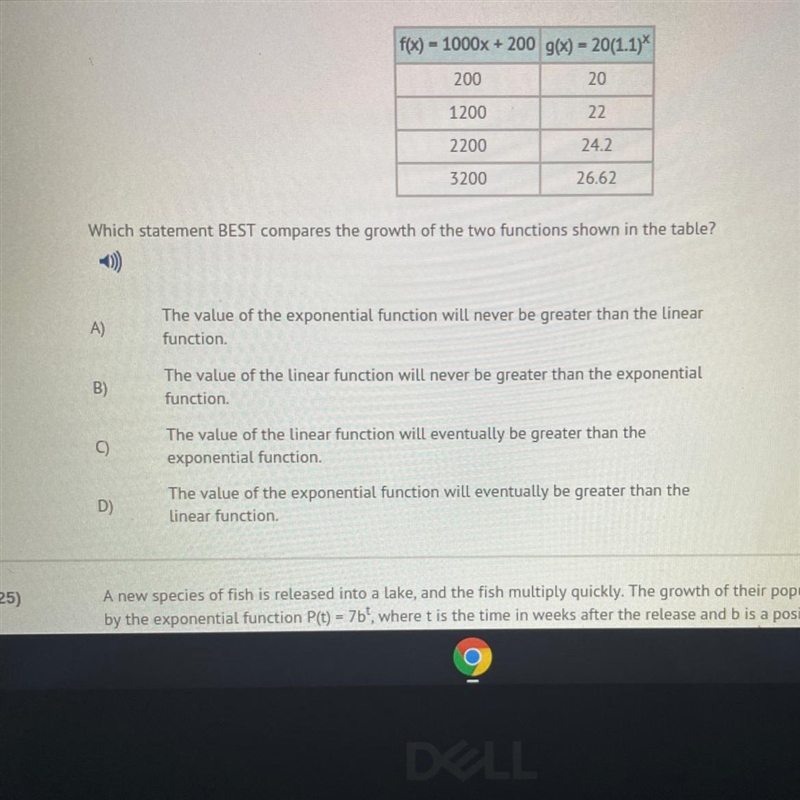 Which statement BEST compares the growth of the two functions shown in the table? A-example-1