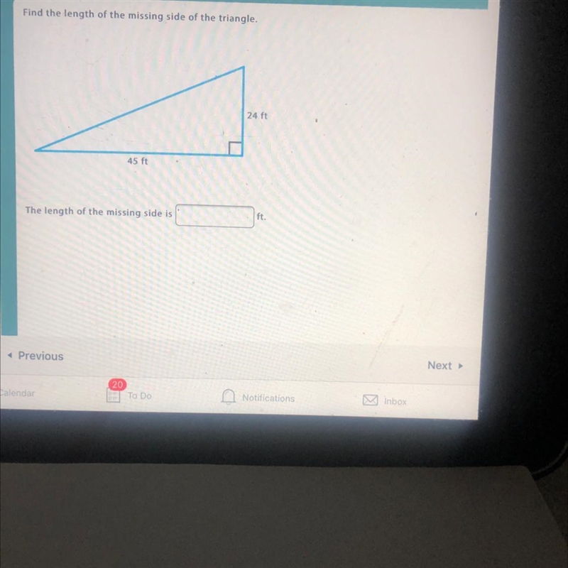 Find the length of the missing side of the triangle. 24 ft 45 ft The length of the-example-1