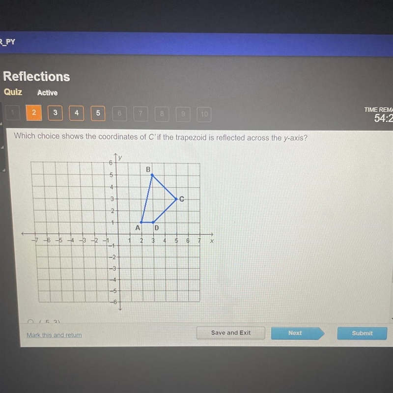 Which choice shows the coordinates of C' if the trapezoid is reflected across the-example-1