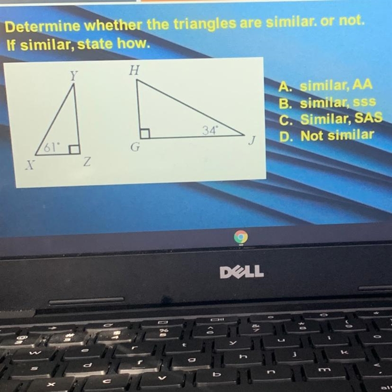 Determine whether the triangles are similar. or not. If similar, state how. A. similar-example-1