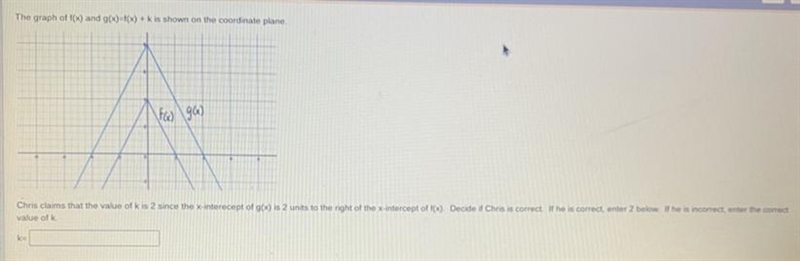 The graph of f(x) and g(x)=f(x) + k is shown on the coordinate plane. k = _ ?-example-1