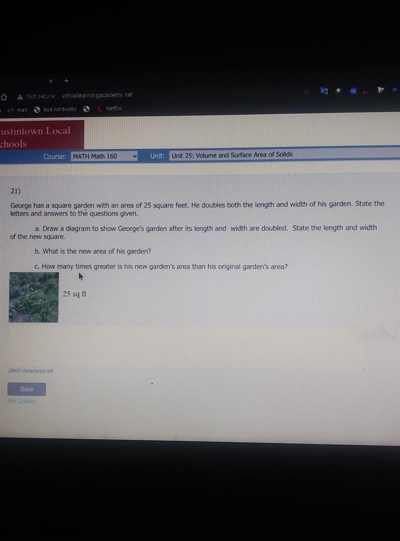 Please help me:((( George has a square garden with an area of 25 square feet. He doubles-example-1