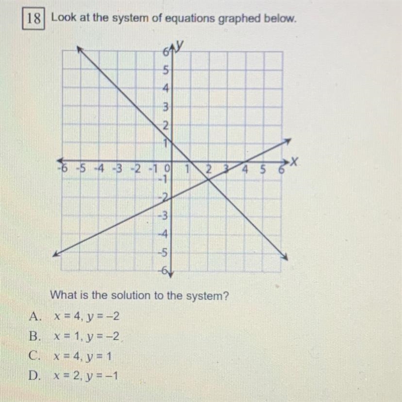 What is the solution to the system? A. X = 4, y = -2 x = 1, y = -2 C. X = 4, y = 1 D-example-1