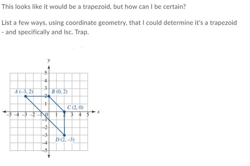 What are ways using coordinate geometry, that I could determine that this is a trapezoid-example-1