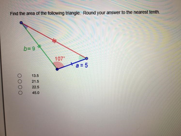 Find the area of the following triangle. Round your answer to the nearest tenth.-example-1