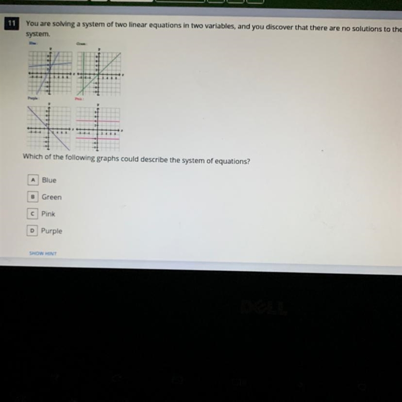 Which of the following graphs could describe the system of equations? A Blue B Green-example-1