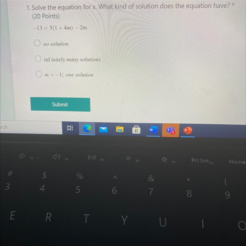 What kind of solution does the equation have? - 13 = 5(1 + 4m) - 2m-example-1