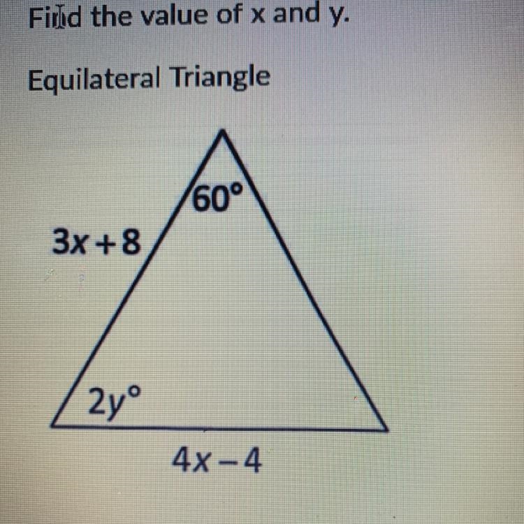 Find the value of x and y of the equilateral triangle-example-1