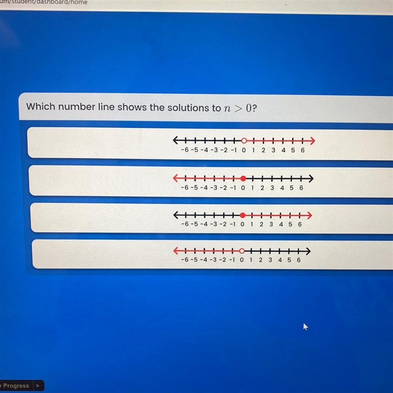 Which number line shows the solutions to n> 0?-example-1