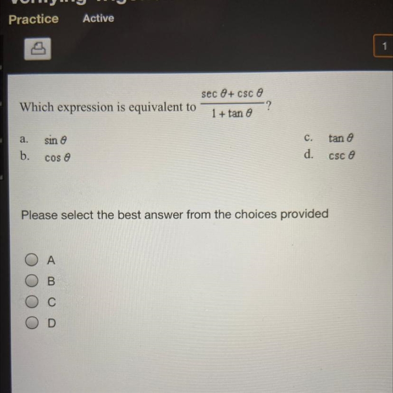 Which expression is equivalent to sec theta + csc theta/1 + tan theta?-example-1