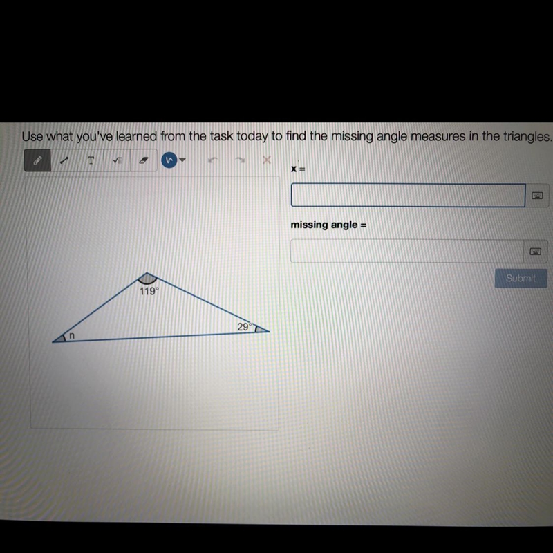 Find the missing angle and x-example-1