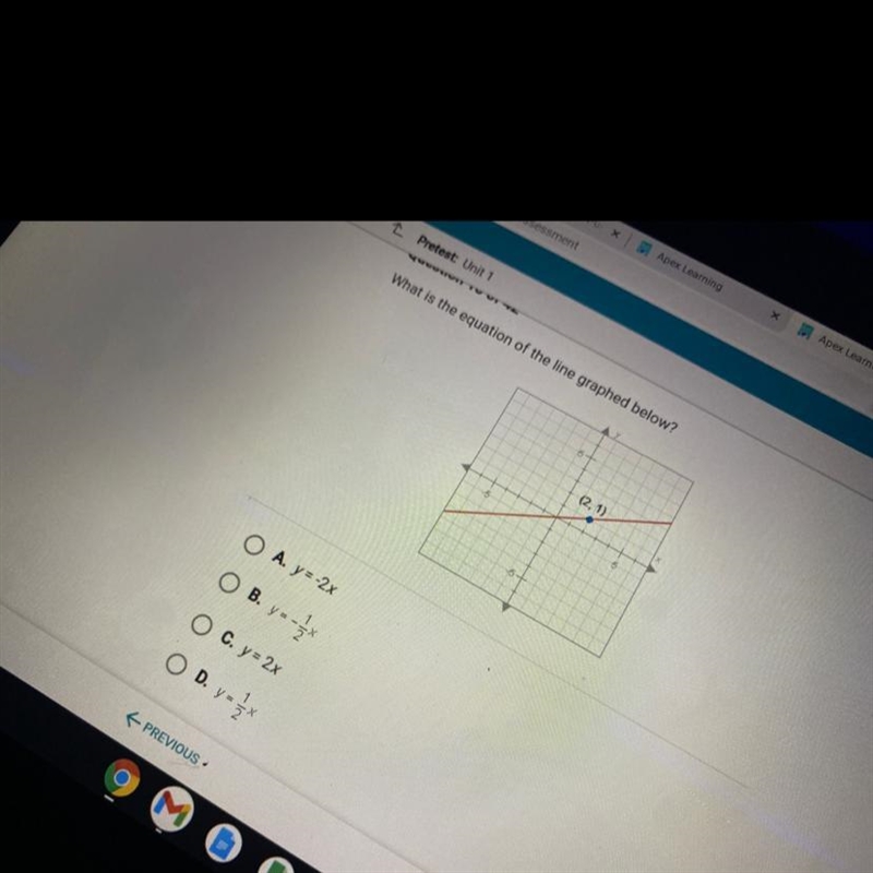 What is the equation of the line graphed below? 5 (2, 1) O A. y=-2x B. y - C. y = 2x-example-1