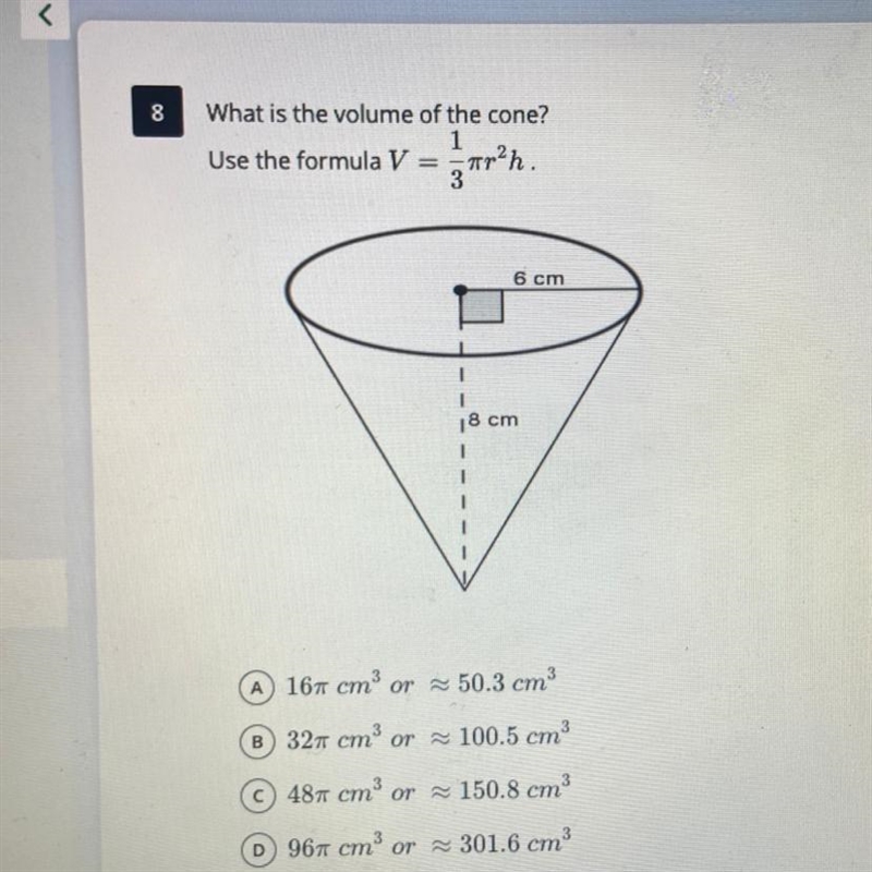 Whats the volume of the cone? use the fórmula V=1/3πr^2h.-example-1