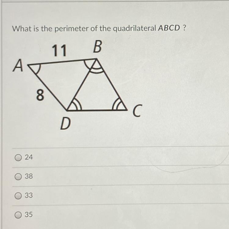 What is the perimeter of the quadrilateral ABCD ? 11 B. А 8 .C D O 24 38 O 33 o 35-example-1