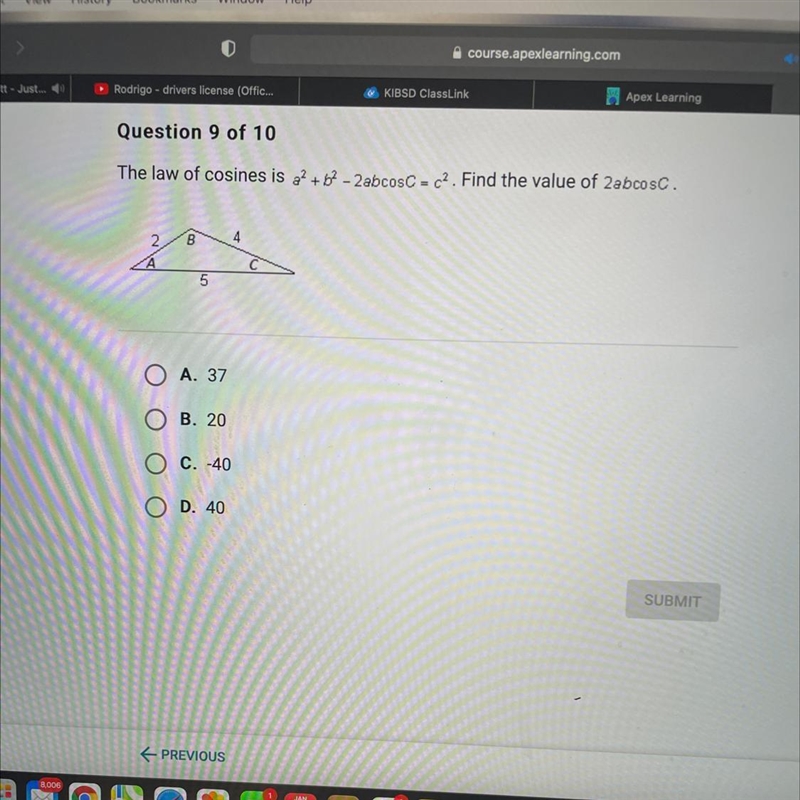 The law of cosines is a2 +62 - 2abcosC = (2. Find the value of 2abcosC. 2 4 B A 5-example-1