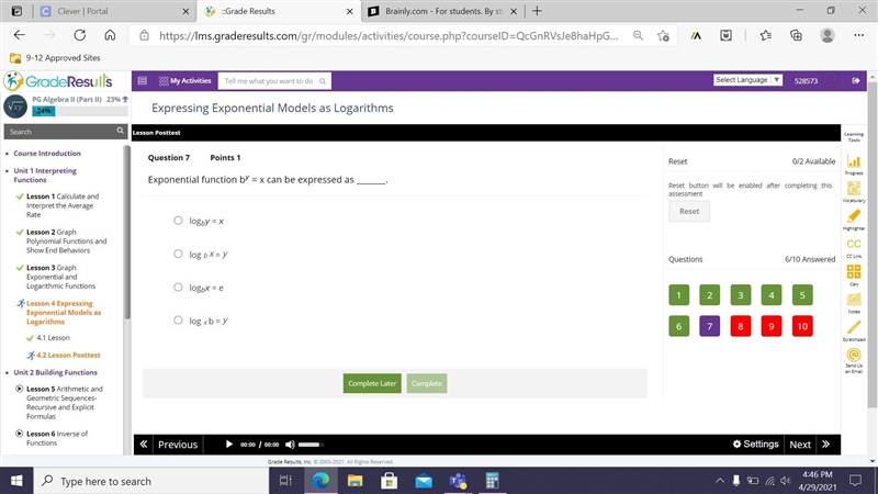 Exponential function b^y=x can be expressed as-example-1