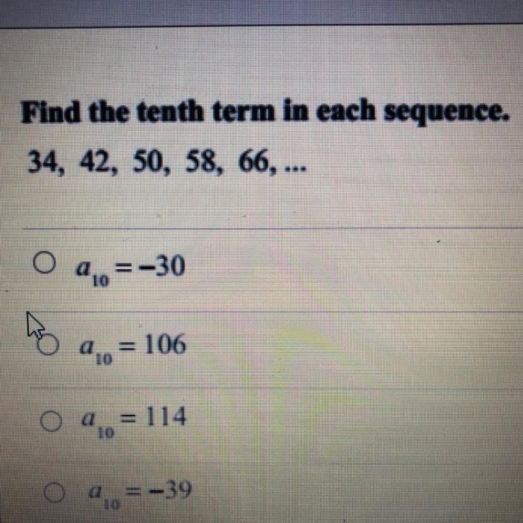 Find the tenth term in each sequence 32, 42, 50, 58, 66-example-1