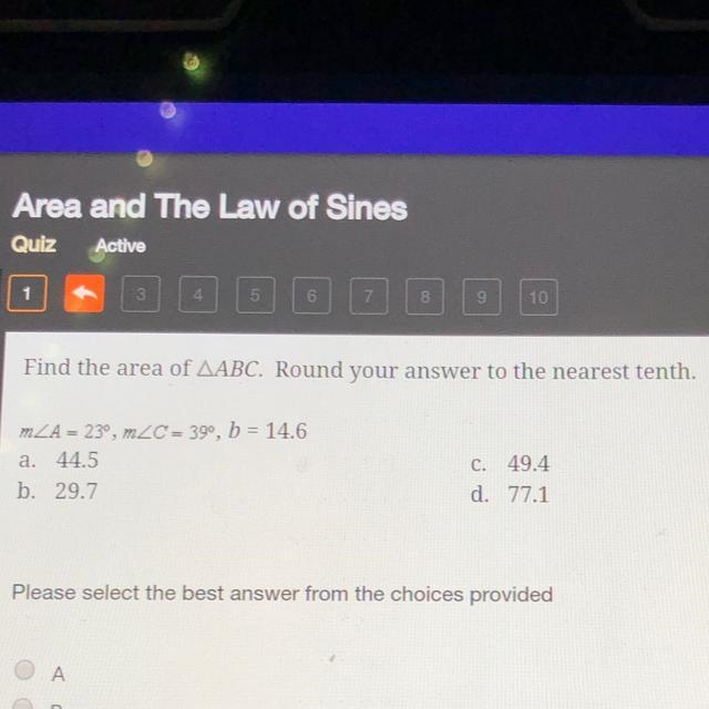 Find the area of AABC. Round your answer to the nearest tenth. mZA = 23º, mZC = 39, b-example-1