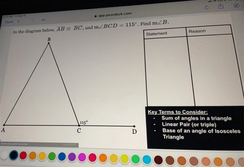 Done< In the diagram below, AB BC, and mZBCD = 115°. Find mZB. Statement B.-example-1