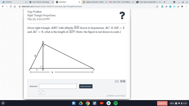 Given right triangle ABCABC with altitude \overline{BD} BD drawn to hypotenuse ACAC-example-1