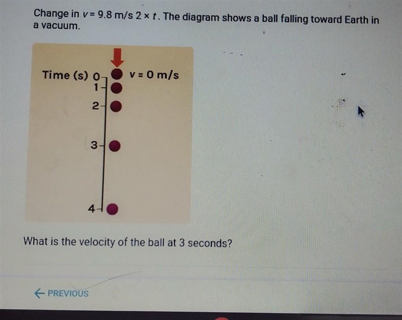 Change in v = 9.8 m/s 2x t. The diagram shows a ball falling toward Earth in a vacuum-example-1