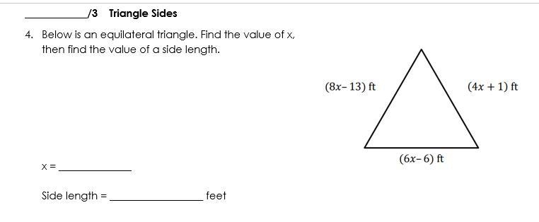 Below is an equilateral triangle. Find the value of x, then find the value of a side-example-1