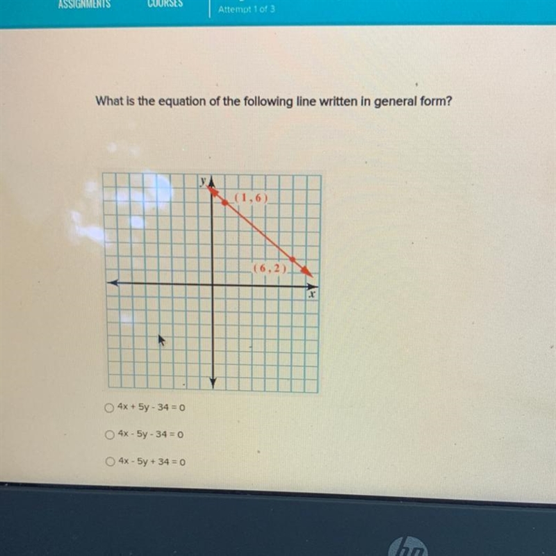 What is the equation of the following line written in general form?-example-1