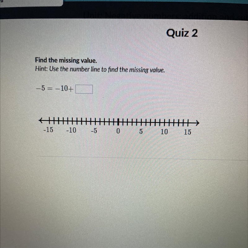 Find the missing value. Hint: Use the number line to find the missing value. -5 = –10+-example-1