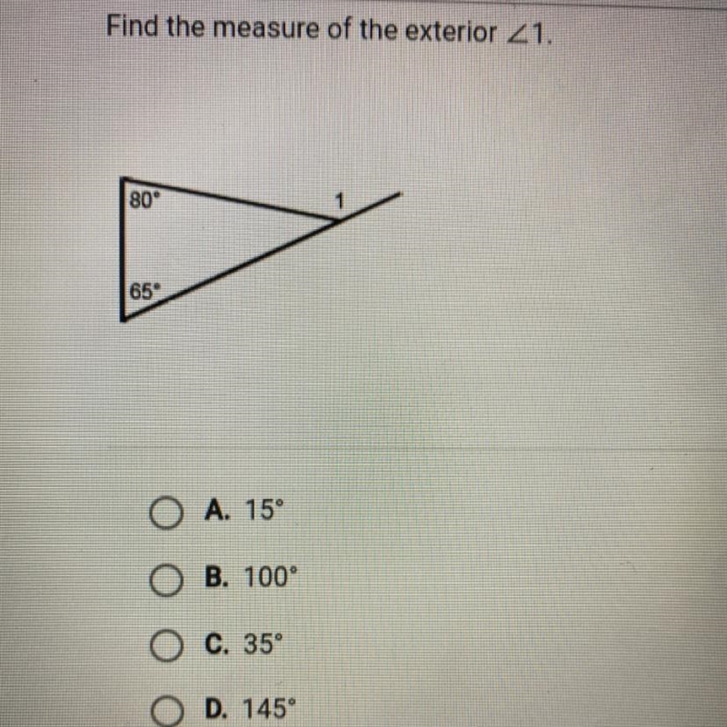 Find the measure of the exterior 21. A. 15° B. 100 C. 35 D. 145-example-1