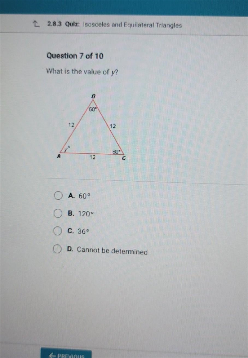 What is the value of y? 2 R C A. 60° B. 120° C. 369 D. Cannot be determined​-example-1